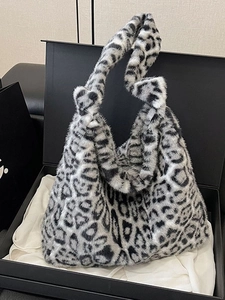 Sac Fourre-Tout en Peluche à Imprimé Léopard pour Femmes Grande Capacité Sac à Épaule en Fausse Fourrure Style Coréen