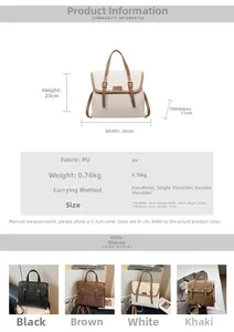 Size chart showing 28x23x11cm dimensions and PU fabric specs for the versatile tote bag