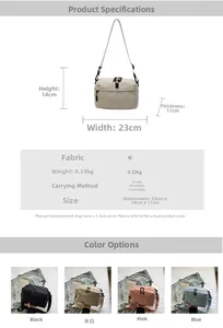Detailed size chart for lightweight crossbody bag showing dimensions and four color options