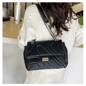 Detail of a black quilted chain shoulder bag worn over a white knit sweater