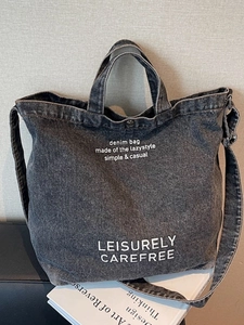Vintage Denim Tote Bag Large Capacity Crossbody Bag For Women Casual Student Class Shoulder Bag Wash Denim Letter Print Handbag