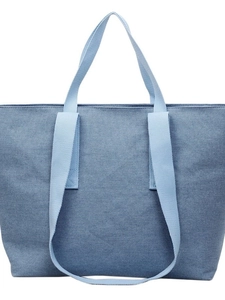 Large capacity blue denim canvas tote bag with dual handles and long shoulder strap