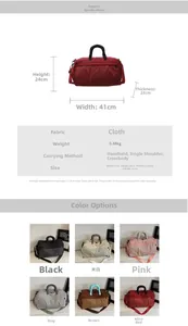 Detailed size chart for the travel duffel bag with material and strap specifications