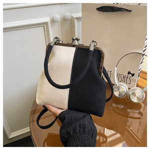 Detail of vintage shell handbag with black and white contrast and metal clasp