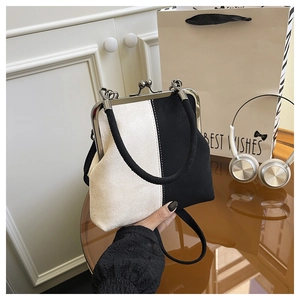 Detail view of vintage kiss-lock closure and ring handle on black and white shell bag