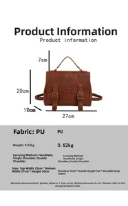 Detailed size chart for retro PU leather backpack with dimensions and weight specs