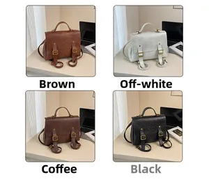Detailed four-color collage of retro faux leather backpacks in brown, white, and black