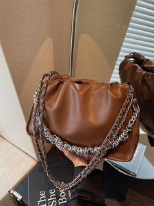Deep brown ruched cloud bucket bag with chunky silver chain strap for women