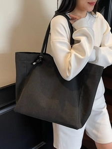 Retro large black tote bag for women with decorative knots and long shoulder straps