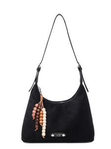 Sac bandoulière rétro noir mat en forme de croissant avec pendentif en perles de bois