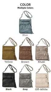 Multiple colors of matte leather crossbody bags with bohemian straps and tassel details