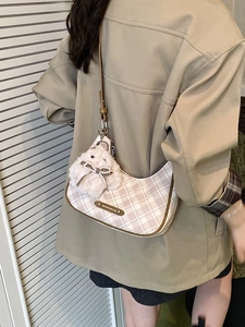 Retro plaid tote bag in beige and brown crescent design with a cute bunny charm