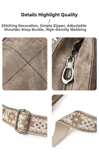 Close-up of khaki bucket bag with snowflake strap, metal hardware and quilted stitching