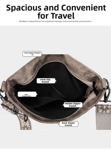 Detail view of the multi-compartment interior and retro embroidered strap of the bucket bag