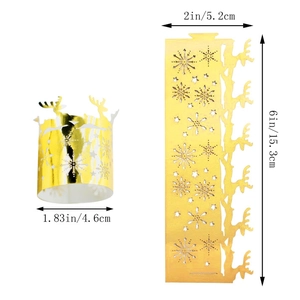 Detailed view of gold reindeer napkin ring with snowflake laser cut patterns and dimensions