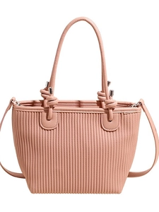 Pink woven texture tote bag with top handles and adjustable shoulder strap for women