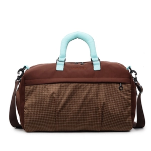 Short distance travel duffel bag with checker pattern and blue padded handles