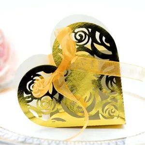 Laser Cut Rose Heart Candy Box Pearlescent Paper Hollow Chocolate Gift Box With Ribbon For Wedding Party Favor Decoration