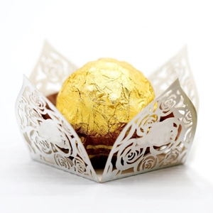 Laser cut white paper chocolate wrappers with rose patterns for wedding party favors