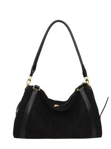 Borsa tote alla moda in camoscio nero con cinturini in pelle e dettagli dorati su bianco