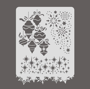 Christmas PET drawing stencil featuring hanging ornaments, snowflakes and stars patterns
