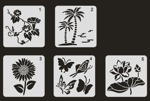 5-piece set of transparent PET stencils featuring flower, butterfly, and beach designs