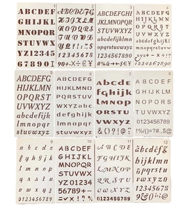 Detailed set of 12 flexible plastic stencils featuring alphabet letters and numeric designs