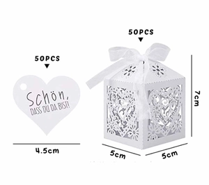 50pcs laser cut white favor boxes with heart tags and ribbon dimensions 5x5x7cm