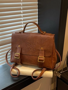 Vintage PU Leather Large Capacity Backpack For Women Retro Multi-functional Commuter Shoulder Bag Solid Color Fashion Handbag
