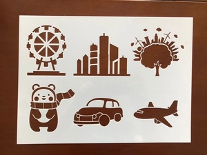 0.25mm PET drawing stencils for kids with ferris wheel, panda, and city skyline designs