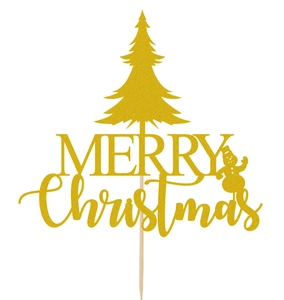 Golden glitter Merry Christmas cake topper with festive snowman and tree design