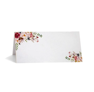 Elegant floral wedding place card with watercolor roses and stable tent fold design