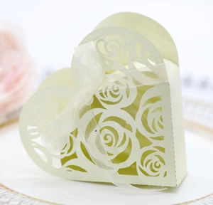 Detail of laser-cut rose hollow pattern on light green heart-shaped wedding favor gift box