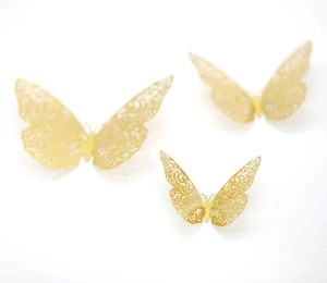 3D metallic gold hollow butterfly wall stickers with intricate laser-cut lace patterns