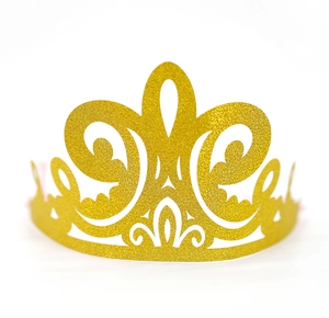 Golden glitter crown hat with hollow lace design for party and birthday decoration