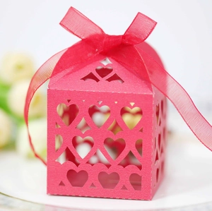 Laser cut hollow heart candy box with red ribbon bow for wedding and Valentine gift