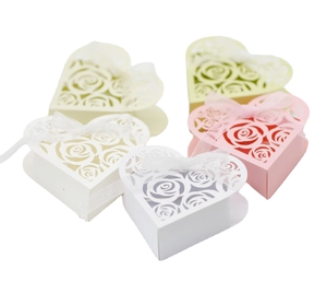 Hollow rose laser cut heart wedding favor boxes with ribbons in multiple colors