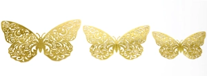 Detailed laser-cut gold 3D butterflies in three sizes with intricate floral patterns