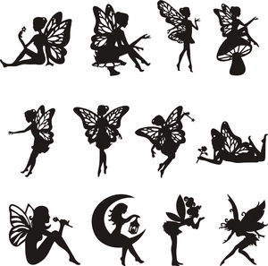 Lot de 12 silhouettes de fées noires avec ailes de papillon et décors floraux