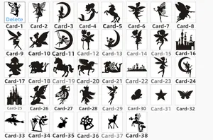 Detailed catalog of 38 black laser-cut butterfly fairy silhouette card designs for bottles