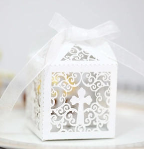 Laser-cut white European style cross candy box with white silk ribbon for weddings