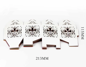Detailed macro view of laser-cut paper gift box featuring cross patterns, size 213mm x 115mm
