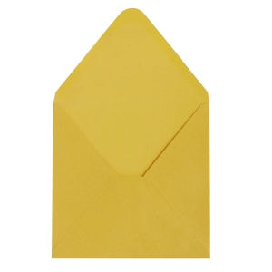 Top view of a bright warm yellow paper envelope with a clean gummed seal on white background