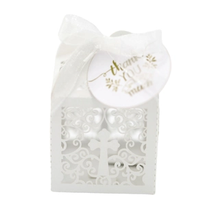 Elegant white laser-cut favor box with cross pattern, white ribbon and thank you tag