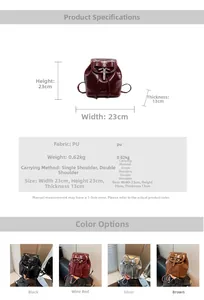Detailed size and specs chart for mini PU leather backpack showing 23x23x13cm dimensions