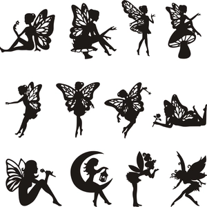 Set of 12 black laser-cut fairy and elf silhouette decorations for bottle styling
