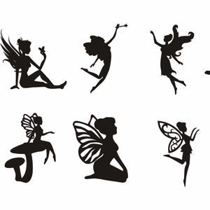Set of six black fairy and elf silhouettes with laser-cut wings for bottle decoration