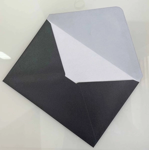 Detail of dark gray matte envelope showing light gray lining on a white background