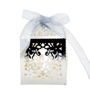 Laser-cut silver mirror hollow cross favor box with light blue silk ribbon bow