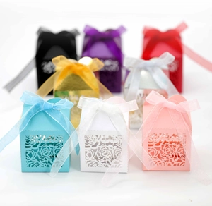 Hollow rose laser cut wedding favor boxes with organza ribbons in multiple colors